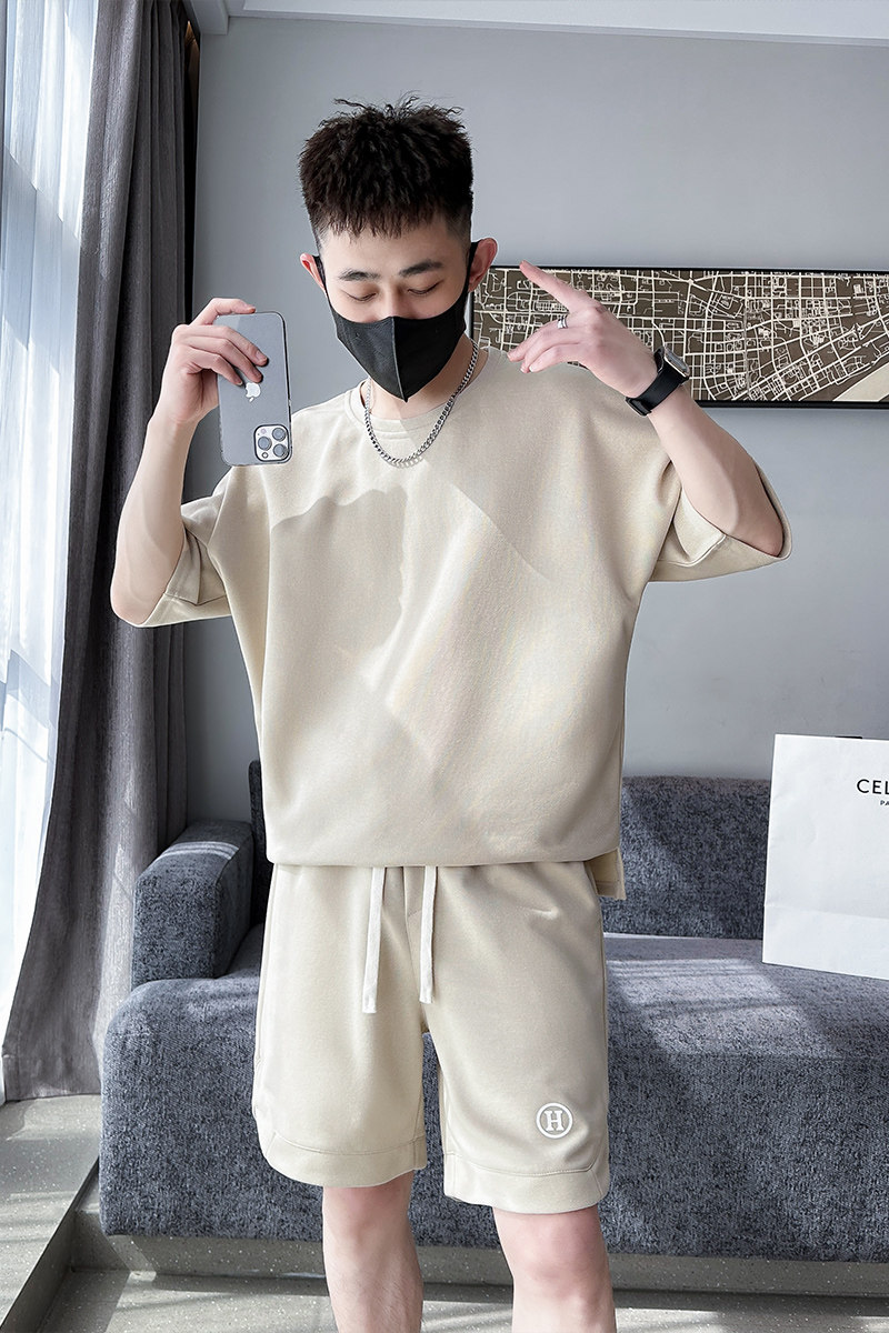 社会小伙夏季男士短袖短裤两件套纯色休闲套装男C208-8882-P88,男装牛仔裤,电商C208