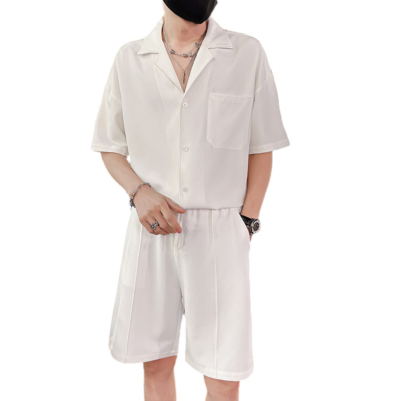 社会小伙夏季纯色休闲套装男士衬衫短裤两件套C208-8874-P88控138,男装牛仔裤,电商C208