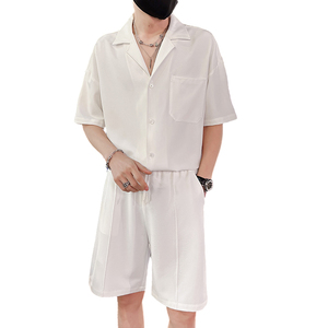 社会小伙夏季纯色休闲套装男士衬衫短裤两件套C208-8874-P88控138图片