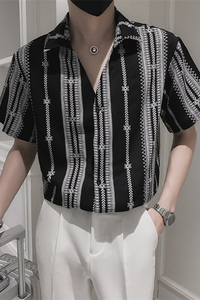 夏季短袖衬衫男韩版大V领花衬衣社会小伙夜店美发长袖寸衣8810图片