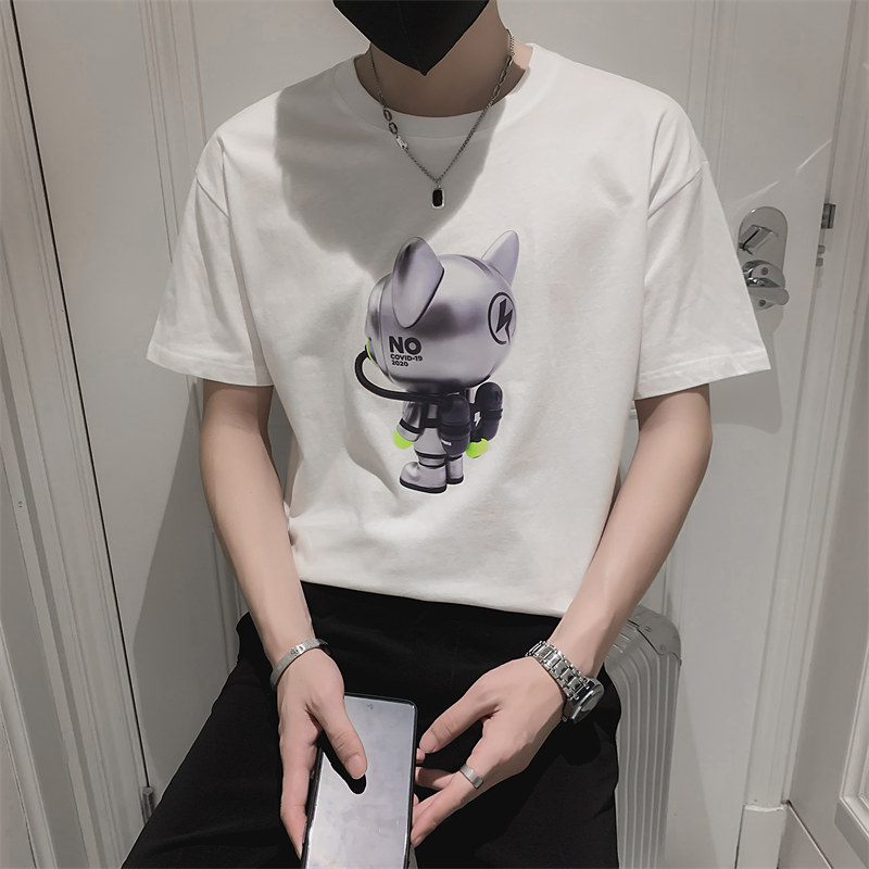 精神小伙夏季卡通印花短袖t恤青少年绿色圆领休闲体恤男C203-8822,男装T恤,电商C208