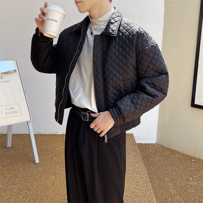 菱形格子二棉夹克棉衣潮牌小翻领轻奢风格子加厚棉服外套男1060,男装夹克,电商C208