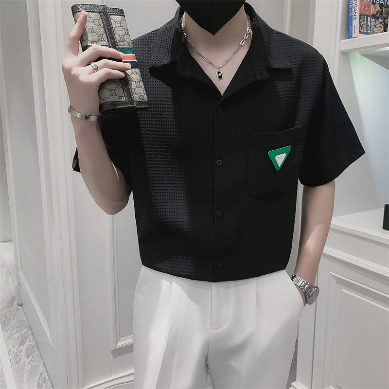 社会小伙夏季尖领纯色衬衫青年流行薄款短袖男士上衣C203-8819P58,男装T恤,电商C208