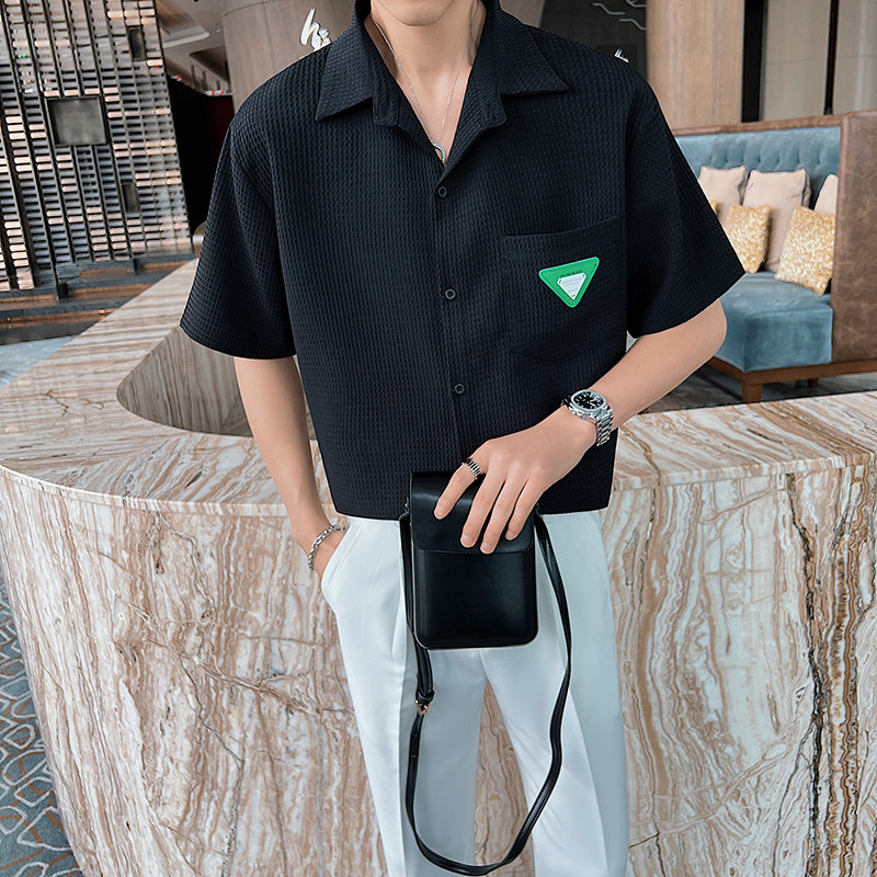 2026夏季男士新款短袖衬衫社会小伙纯色格子潮牌半袖上衣8819-P58,男装T恤,电商C208