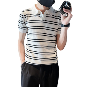 夏季男士V领短袖t恤白色条纹针织衫新款翻领Polo衫C203-8871特P48图片