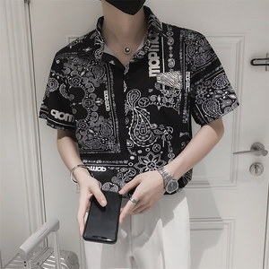 社会小伙夏季青年男士短袖衬衣夜店发型师帅气花衬衫C203-8811P58图片