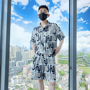 社会小伙夏季男士短袖短裤套装男半袖花衬衫两件套C208-8884-P88图片