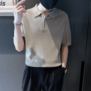 夏季男士新款短袖t恤V领拉链纯色针织衫翻领Polo衫C203-8867-P58图片