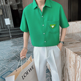 2026夏季男士新款短袖衬衫社会小伙纯色格子潮牌半袖上衣8819-P58，男装T恤，电商C208