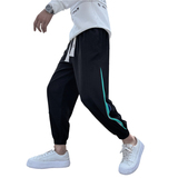 时尚潮流青年男生黑色休闲裤螺纹拼接华夫格条纹裤子C203-6704P58，男装休闲裤，电商C208