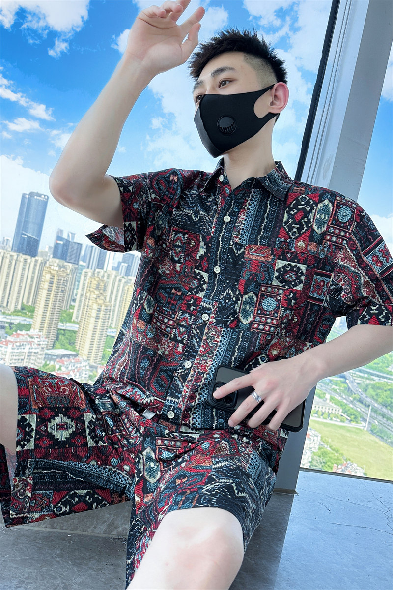 精神小伙夏季男士短袖短裤套装2025新款半袖花衬衫C208-8884-P88,男装牛仔裤,电商C208