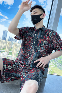 精神小伙夏季男士短袖短裤套装2025新款半袖花衬衫C208-8884-P88图片