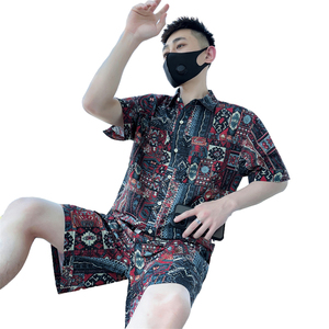 精神小伙夏季男士短袖短裤套装2025新款半袖花衬衫C208-8884-P88图片