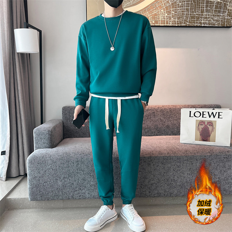 冬季青年男生潮牌卫衣卫裤套装纯色休闲套头两件套C203-6723R-P98，男装休闲裤，电商C208
