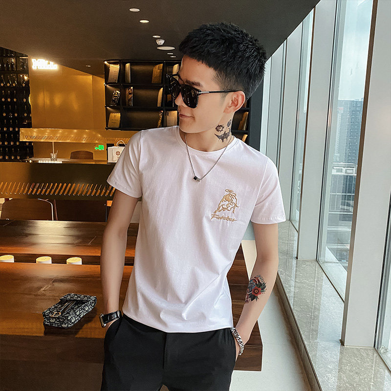 精神小伙夏季男士潮牌圆领短袖T恤衫刺绣修身打底衫C203-5233-P38,男装T恤,电商C208