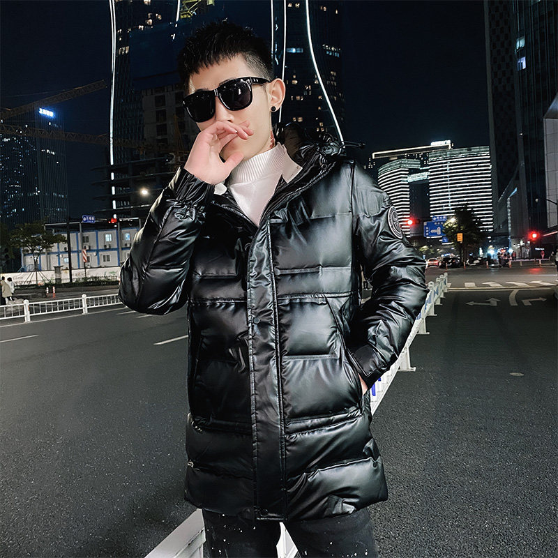 社会小伙冬季男士中长款羽绒服亮面连帽保暖外套C203-5115R特P200，男装羽绒服，电商C208