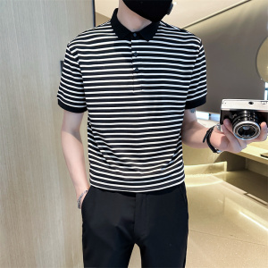 社会小伙夏季短袖t恤男翻领修身polo衫半袖条纹体恤C203-8863-P58图片