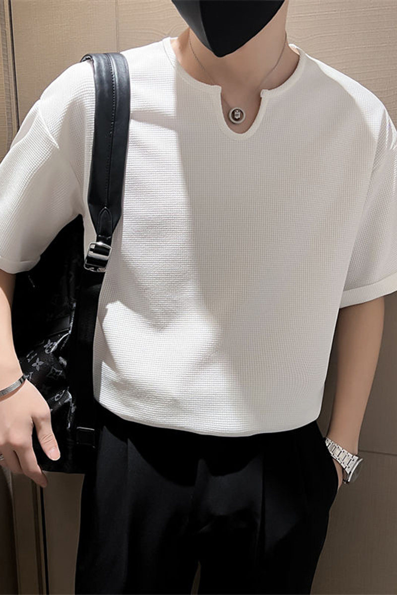 社会小伙夏季男士纯色U领短袖T恤华夫格时尚休闲体恤C203-8812P58,男装T恤,电商C208