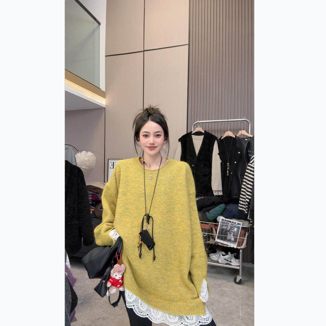 【一眼沦陷】温柔蕾丝~秋冬上新蕾丝拼接圆领针织中长款长袖毛衣,女装/女士精品,毛衣,淘宝优惠券,粉丝福利购,淘宝优惠卷