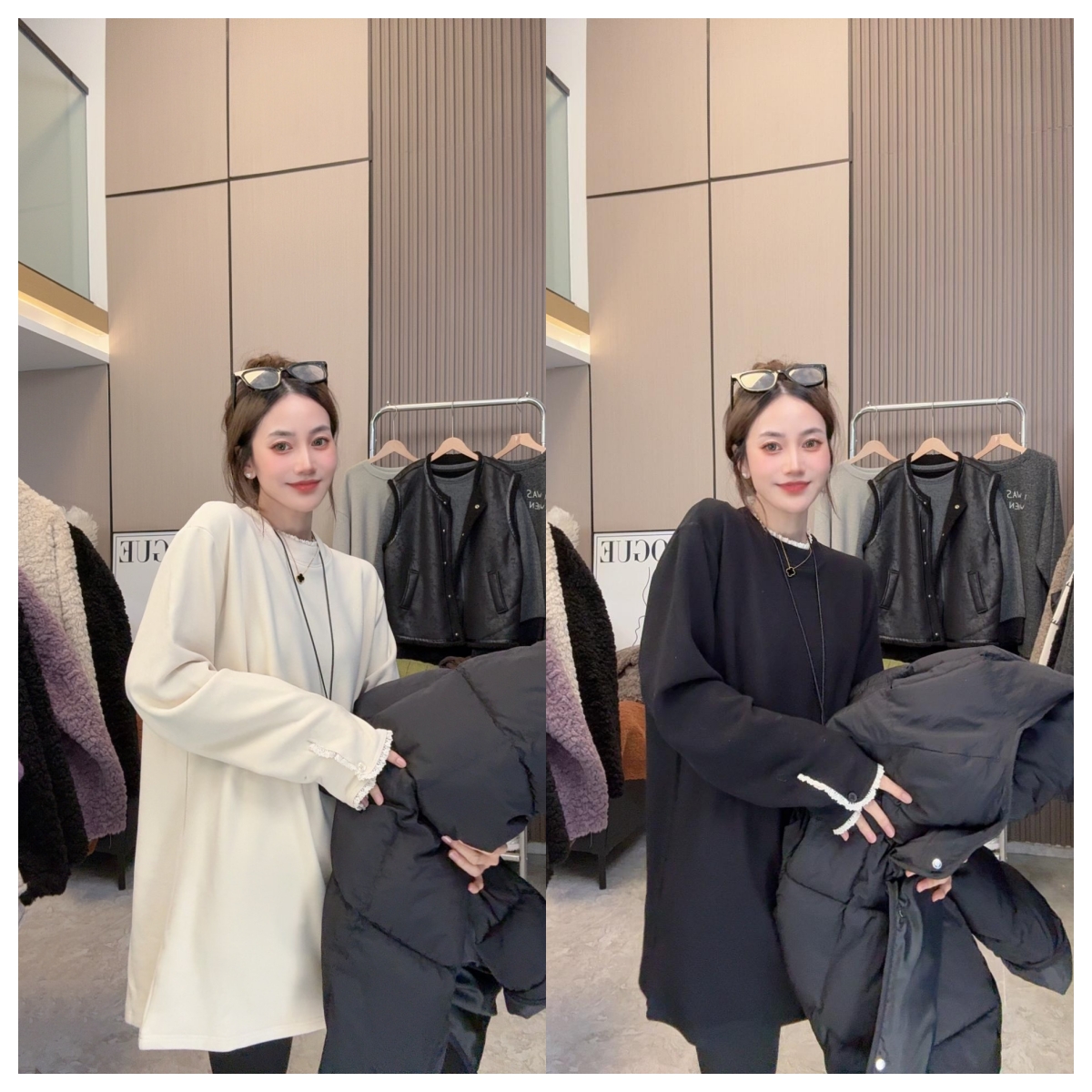 【自带松弛感】气质蕾丝边~双面澳绒加厚宽松中长款圆领长袖卫衣