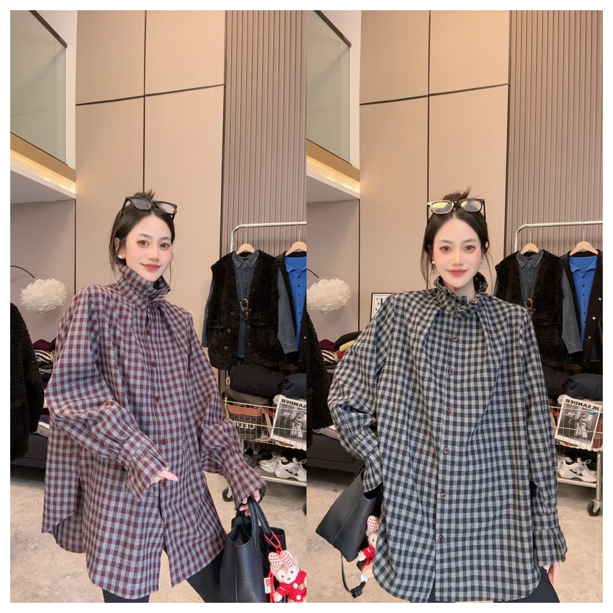 【都市周末】磨毛格纹~气质穿搭时尚休闲宽松显瘦百搭衬衣