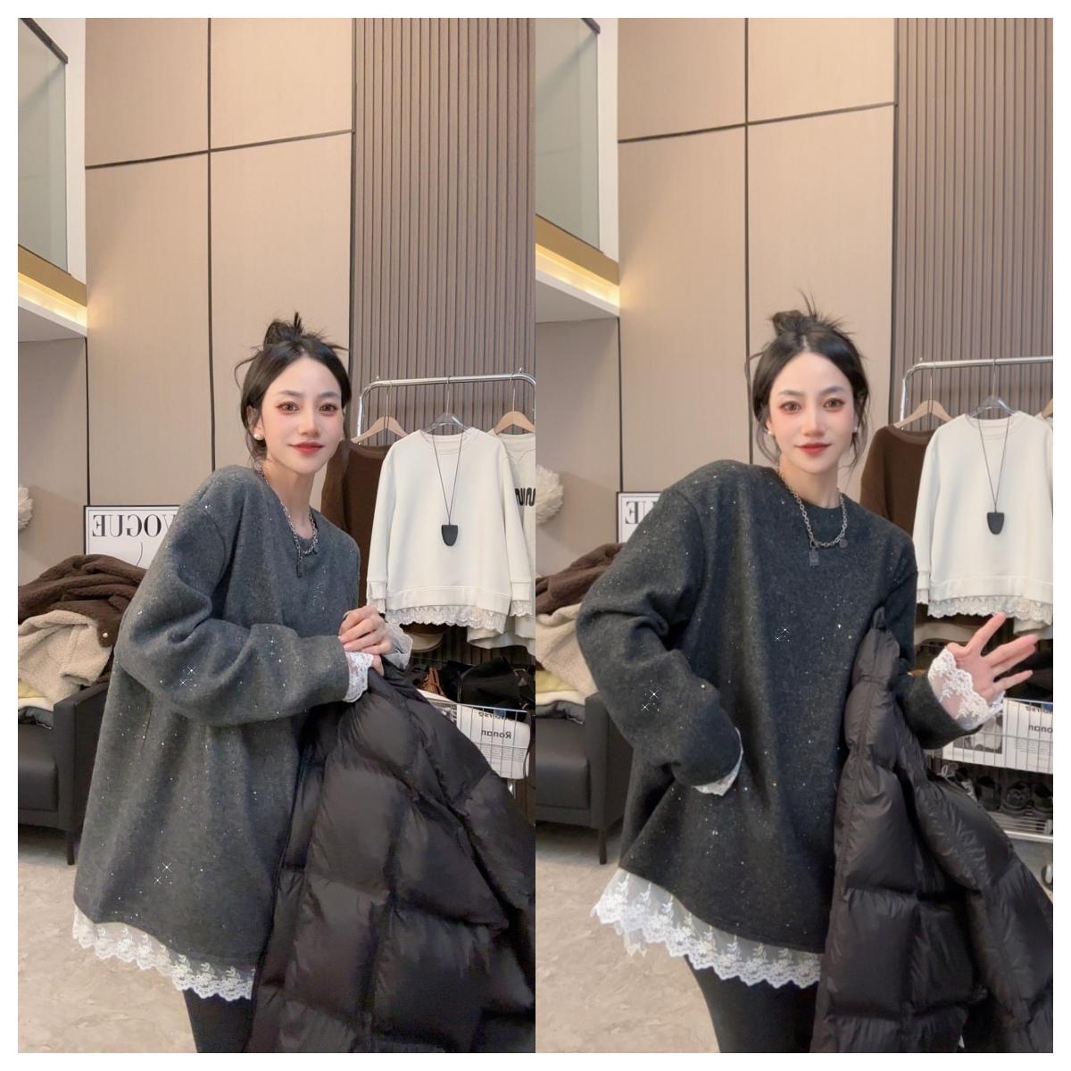 【冬日暖阳】加绒~满天星休闲宽松蕾丝边百搭打底衫上衣