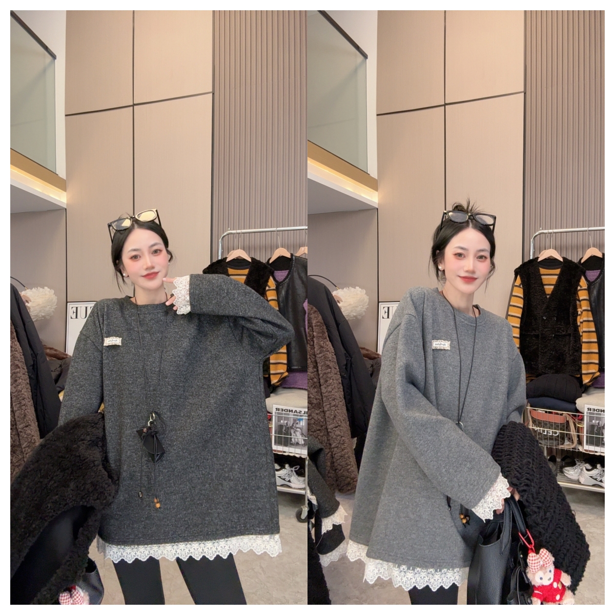 【星夜蕾丝】加绒加厚~设计款蕾丝拼接宽松中长款圆领长袖卫衣