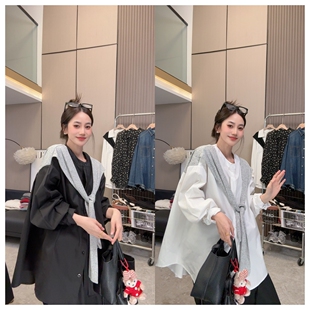 简约披肩宽松显瘦长袖 时尚 假两件衬衫 百搭衬衣 自带层次感