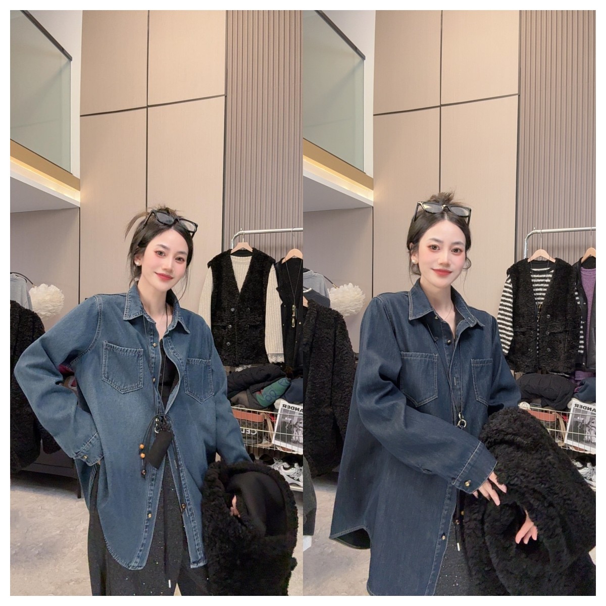 【温暖过冬】加绒~秋冬上新休闲简约宽松显瘦翻领中长款牛仔衬衫