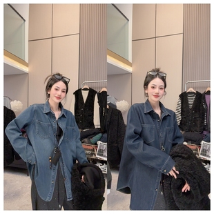 秋冬上新休闲简约宽松显瘦翻领中长款 加绒 牛仔衬衫 温暖过冬