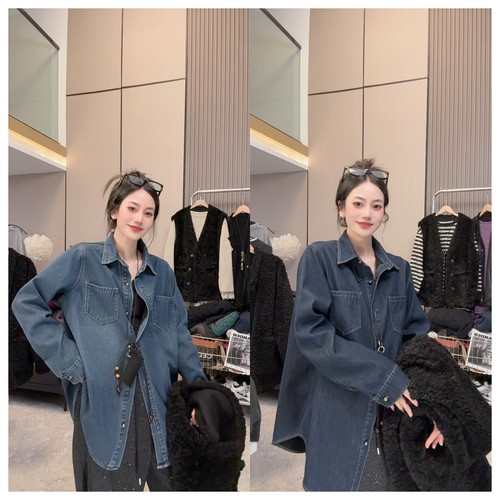 【温暖过冬】加绒~秋冬上新休闲简约宽松显瘦翻领中长款牛仔衬衫