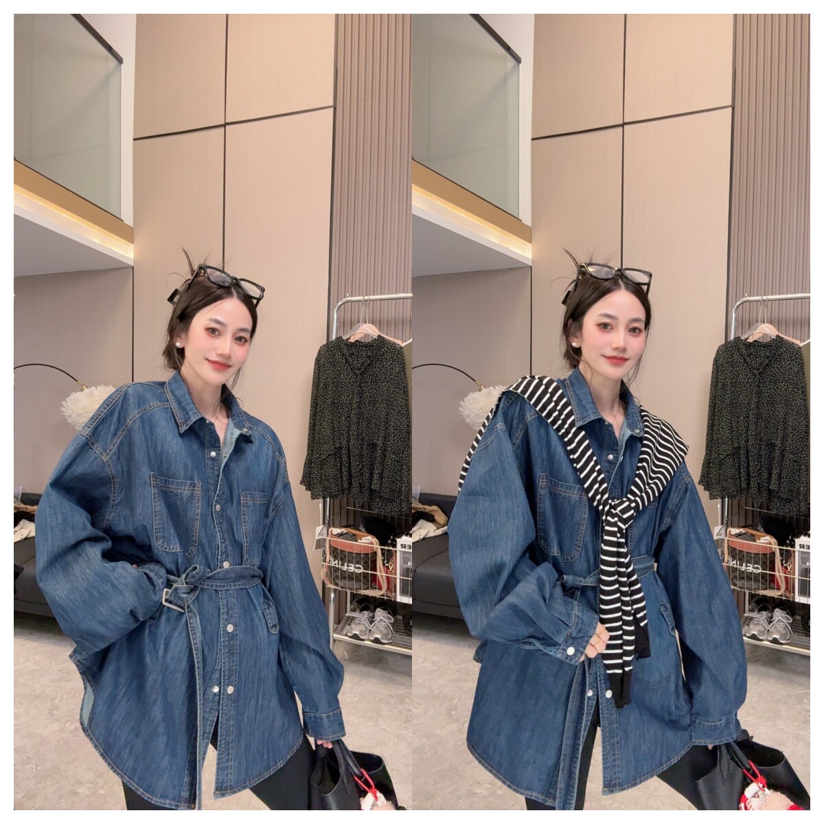 【无懈可击】时尚穿搭~百搭单品简约休闲宽松中长款腰带牛仔衬衫