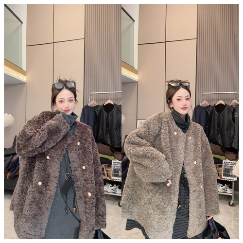 【卡布奇诺】法式复古双排扣宽松慵懒风羊糕毛外套毛毛加厚上衣