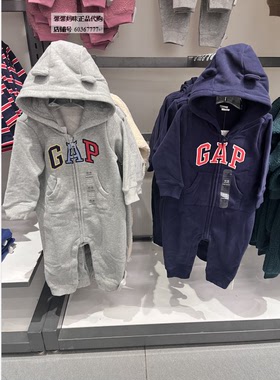 Gap婴儿秋季新款熊耳一体式连体衣788594儿童装抓绒哈衣446141