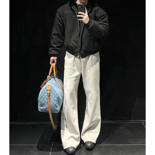 美式白灰色斜切弯刀卫裤男秋冬季cleanfit裤子直筒宽松健身运动裤