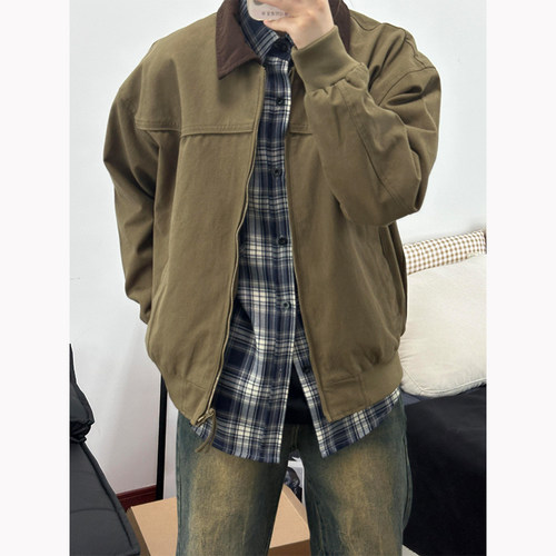 橄榄色哈灵顿工装夹克男