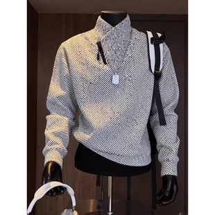 雪尼尔条纹交叉V领卫衣男加绒秋冬季斜拉链长袖t恤高级感棉服内搭