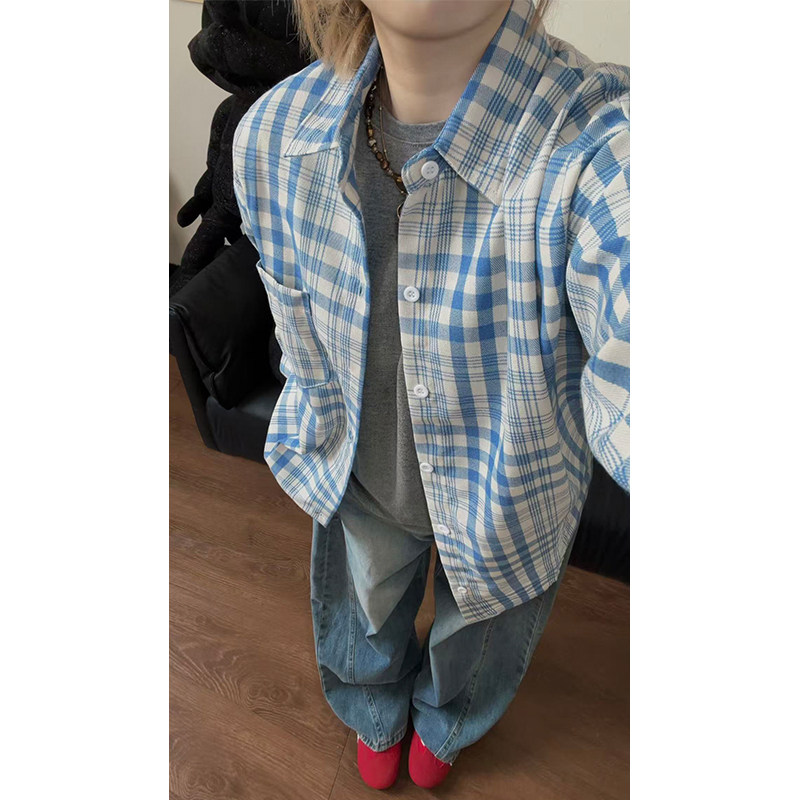 蓝白格子长袖衬衫男女春夏季慵懒学院风格纹衬衣干净穿搭情侣寸衫