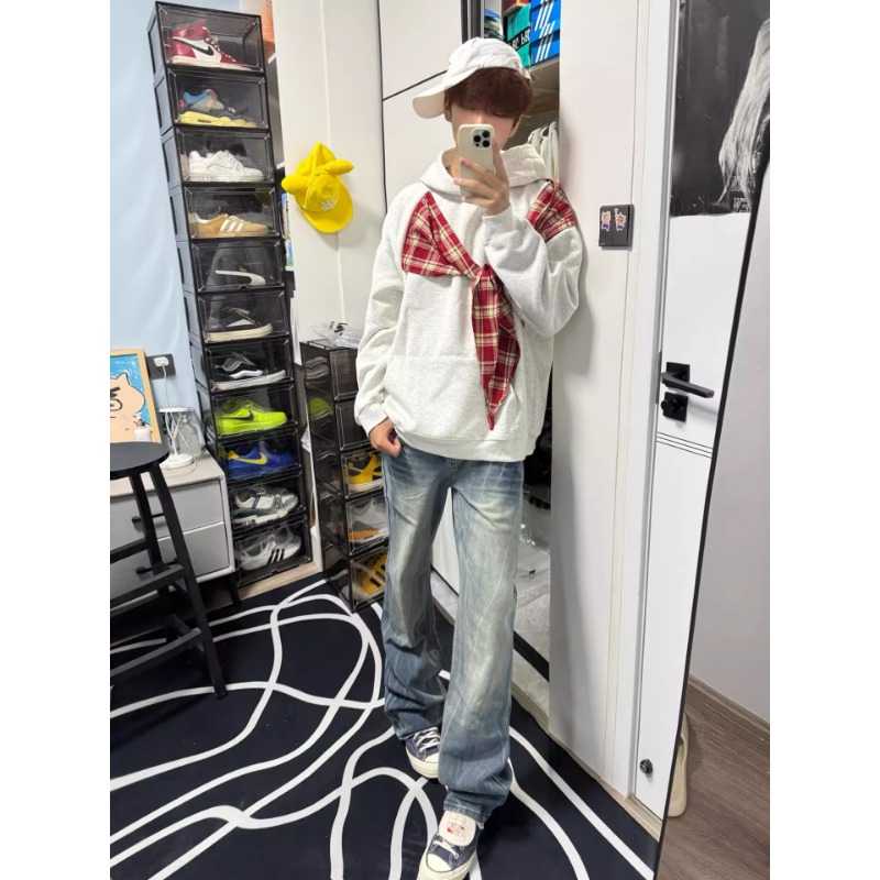 Fykshop蝴蝶结格子绑带卫衣男春秋季小众设计感外套潮牌情侣帽衫