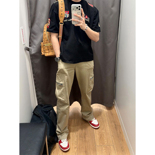 atkfy美式重磅字母徽章刺绣t恤男夏季小领口高街短袖潮牌正肩半袖