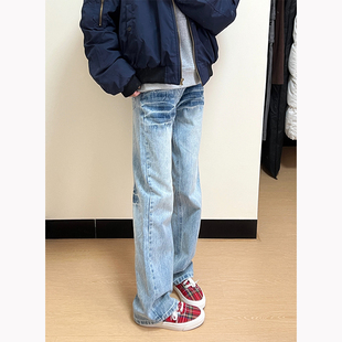 子设计感微喇叭裤 vibe风裤 男直筒美式 小众设计感水洗闪电纹牛仔裤