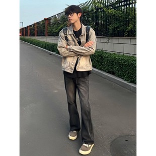 子高街痞帅微喇裤 vibe风裤 男直筒美式 pansk水洗黑色闪电纹牛仔裤