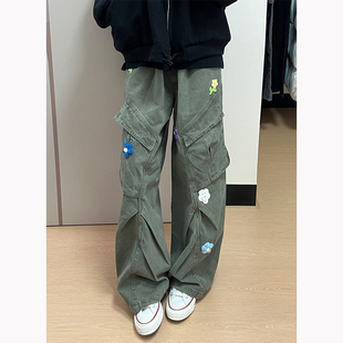 美式军绿色花朵刺绣工装裤男直筒宽松achock同款裤子设计感休闲裤