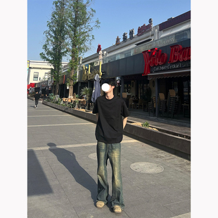 BFLC重磅黑色纯棉t恤男夏季cleanfit小领口短袖高级感净版半截袖