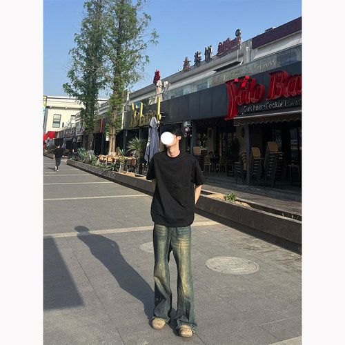 BFLC重磅黑色纯棉t恤男夏季cleanfit小领口短袖高级感净版半截袖