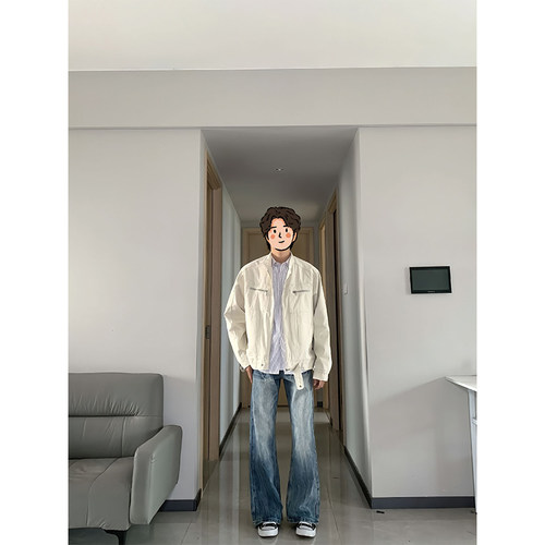 CFHStudio蓝色闪电纹牛仔裤男直筒美式vibe风裤子高街痞帅微喇裤