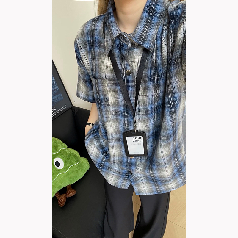 cleanfit蓝色磨毛格子短袖衬衫