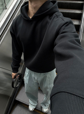 Cofd黑色短宽卫衣男秋冬季美式boxy版型外套高级感cleanfit连帽衫
