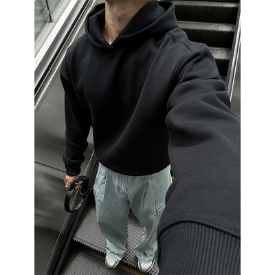 Cofd黑色短宽卫衣男秋冬季美式boxy版型外套高级感cleanfit连帽衫