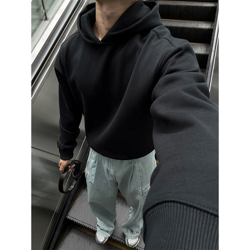 Cofd黑色短宽卫衣男秋冬季美式boxy版型外套高级感cleanfit连帽衫